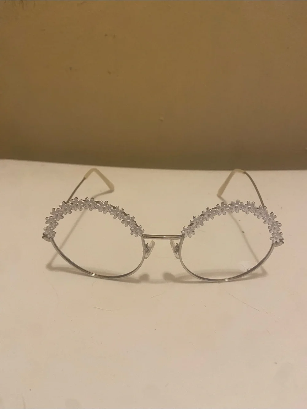 70s Festival Boho Whimsy Silver Round Glasses with White Floral Rim - NO LENSES